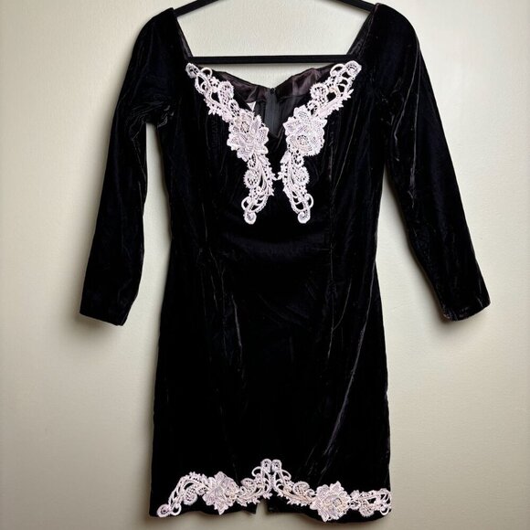 Vtge Jessica McClintock Gunne Sax Dress 11/12 Blk Velvet Lace Beaded 80's Witchy - Picture 1 of 16